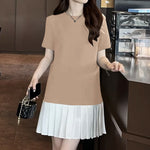 LinkMejor Fashion Style Womens Temperament Pleats Splicing Dresses Ladylike Short Sleeved Mini Contrast Dress