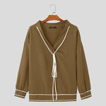 LinkMejor Mens Twist Patchwork V-Neck Long Sleeve T-Shirt Fashion Solid Color Drawstring Design Tshirt