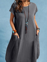 LinkMejor Plus Size Women Mid Long Dress Solid Pocket Short Sleeve Round Neck Cotton Casual Beach Midi Dress