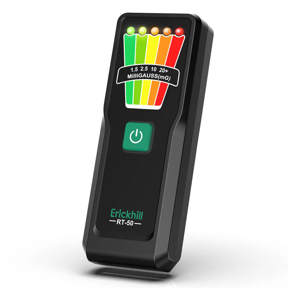 EU US Direct ERICKHIL RT-50 EMF Meter 0-20+ mG 30 Hz-20 KHz ±5% Accuracy 5-Level LED Indicator One Button 9V Powered Portable Handheld Ghost Hunting Home & Industrial