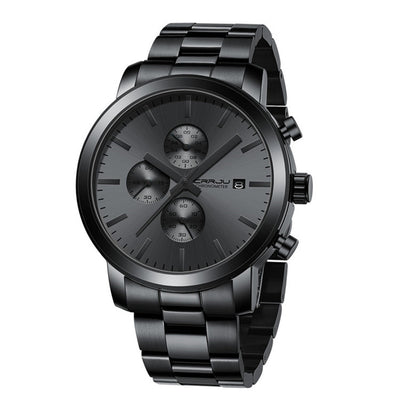LinkMejor Mens Chronograph Watch, Stainless Steel Strap Men Watch, Fashion Waterproof Black Wristwatch with a Box Male Ideal Choice for Gifts