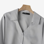 LinkMejor Women's Blouse Commute New Fashion Lantern Sleeve V-Neck Lapel Solid Office Top Shirt