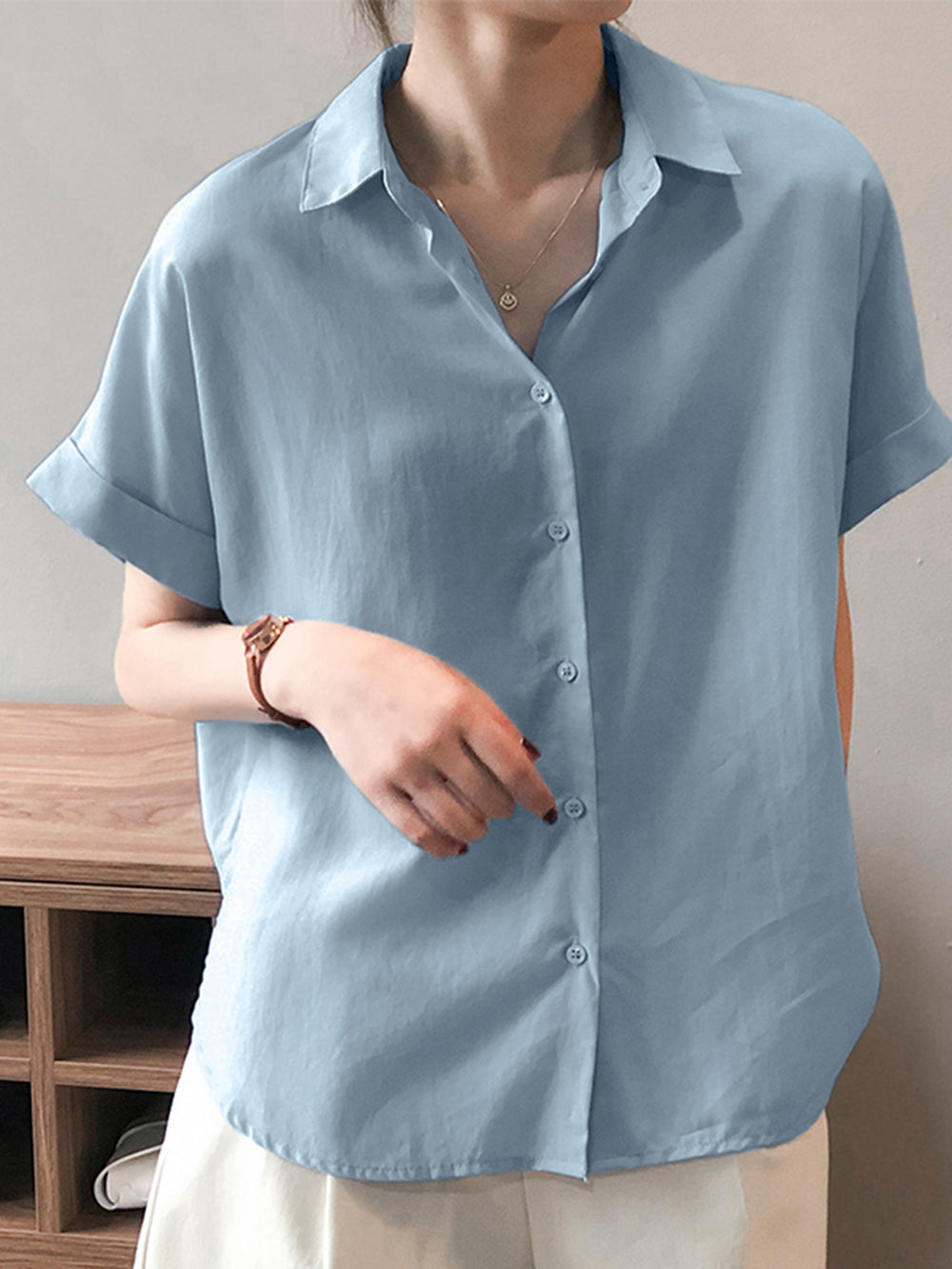 LinkMejor Women Cotton Linen Blouses Solid Button Lapel Roll Sleeve Short Sleeve Casual Shirt Plus Size