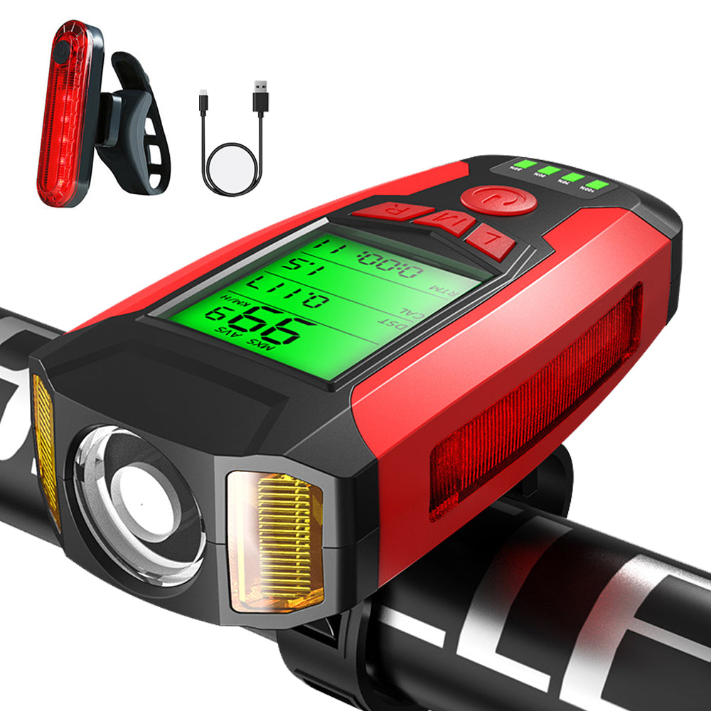 LinkMejor Bike Light Set 3-in-1 350LM Headlight Speed Meter Horn with 4 Modes Taillight Bicycle Warning Light