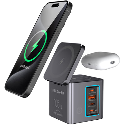[GaN Tech] LinkMejor BW-i113 105W 6-in-1 Desktop Charging Station with Wireless Charger PD QC Fast Charging with LED Light EU Plug for iPhone 16 16 Pro 15 14 13 Pro Max for iPad Pro for Macbook Pro for Airpods