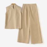 LinkMejor Women Vintage Casual Stand Neck Sleeveless Pleated Wide Leg Tops Trousers