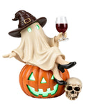 Elfeland Halloween Ghost Night Light Tipsy Ghost Pumpkin Table Lamp with Wine Glass & Skull USB Plug-in LED Decor Resin Halloween Decoration Gift