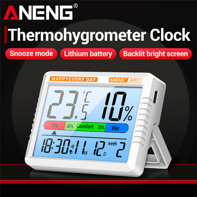 LinkMejor AP01 Thermohygrometer Clock with Backlit LCD Display Real-Time Temperature and Humidity Monitor Built-in Alarm and Calendar Type-C Charging