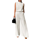 LinkMejor Women Vintage Casual Stand Neck Sleeveless Pleated Wide Leg Tops Trousers