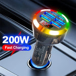 200W 6-Port USB PD Car Charger Adapter 4USB-A+2USB-C Support PD QC3.0 SCP FCP BC1.2 Fast Charging with LED Digital Display for iPhone 16 16Pro 15 14 13 Pro Max for Samsung Galaxy Z Flip6 for Xiaomi 15pro for Huawei Mate XT