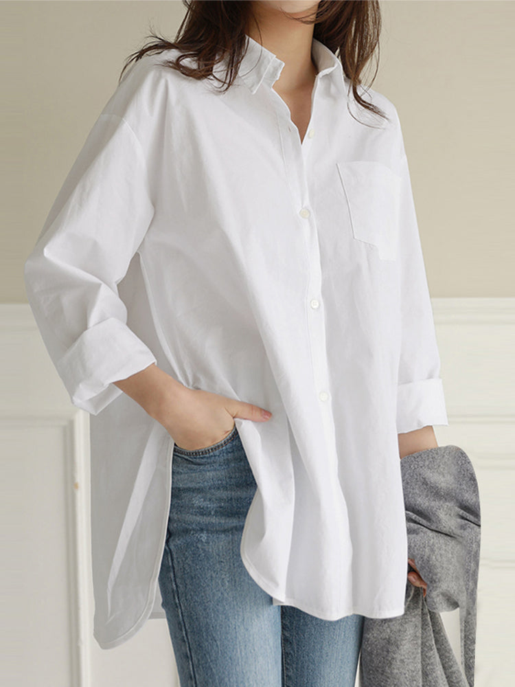 Women Daily Casual Cotton Irregular Hem Commute Loose Shirts