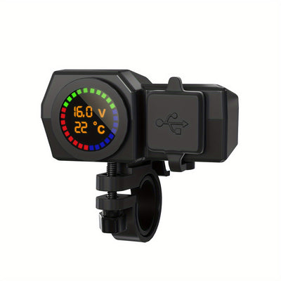 Motorcycle Charger Dual USB 5V 3A Fast Charging Digital Voltage Temperature Display Overcharge Protection Rearview Mirror Mount Adapter for iPhone Huawei GPS Devices