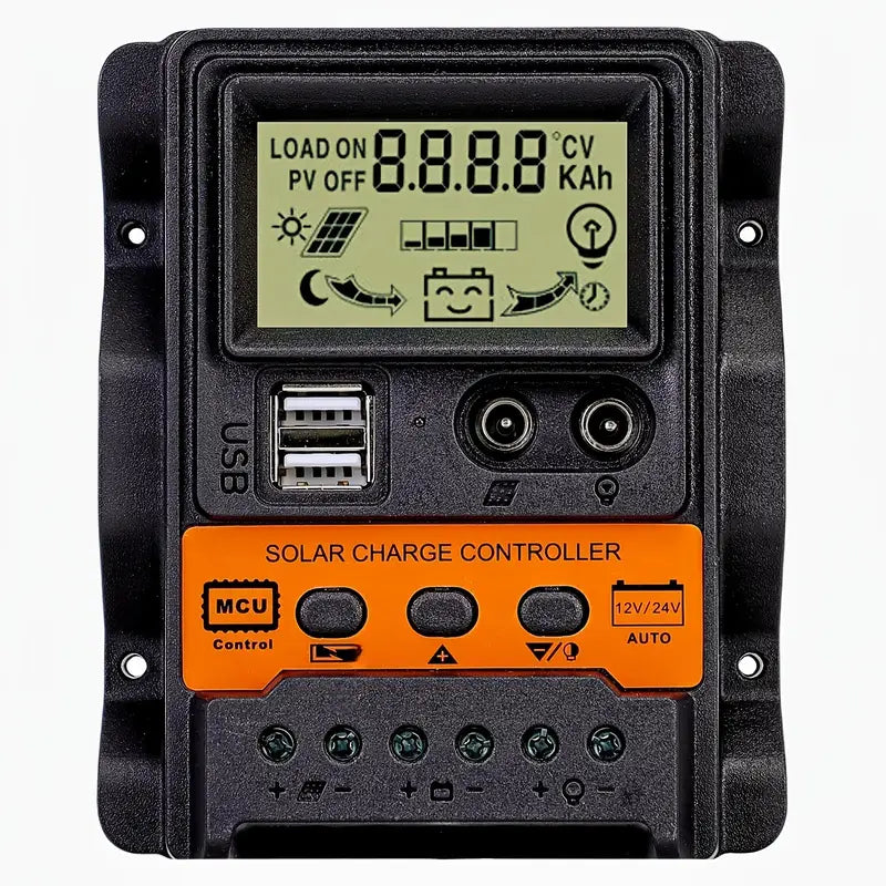 Solar Charge Controller 12V/24V Auto 100A PWM Photovoltaic Regulator Dual USB Output LCD Display Lead-Acid Lithium Batteries