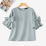 LinkMejor Elegant Style Womens Shirts Blouses Ladylike Crew Neck Ruffled Sleeves Tops Side Bowknot Solid Blouses