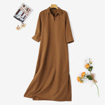 LinkMejor Women's Dresses Turn-Down-Collar 3/4 Sleeve Elegant Office Side Split Plain Maxi Shirt Dress