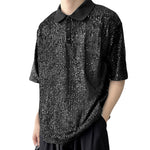 LinkMejor Mens Sequin Sparkle Glitter Patchwork T-Shirt Fashion Short Sleeve Lapel Top Tshirt for Men