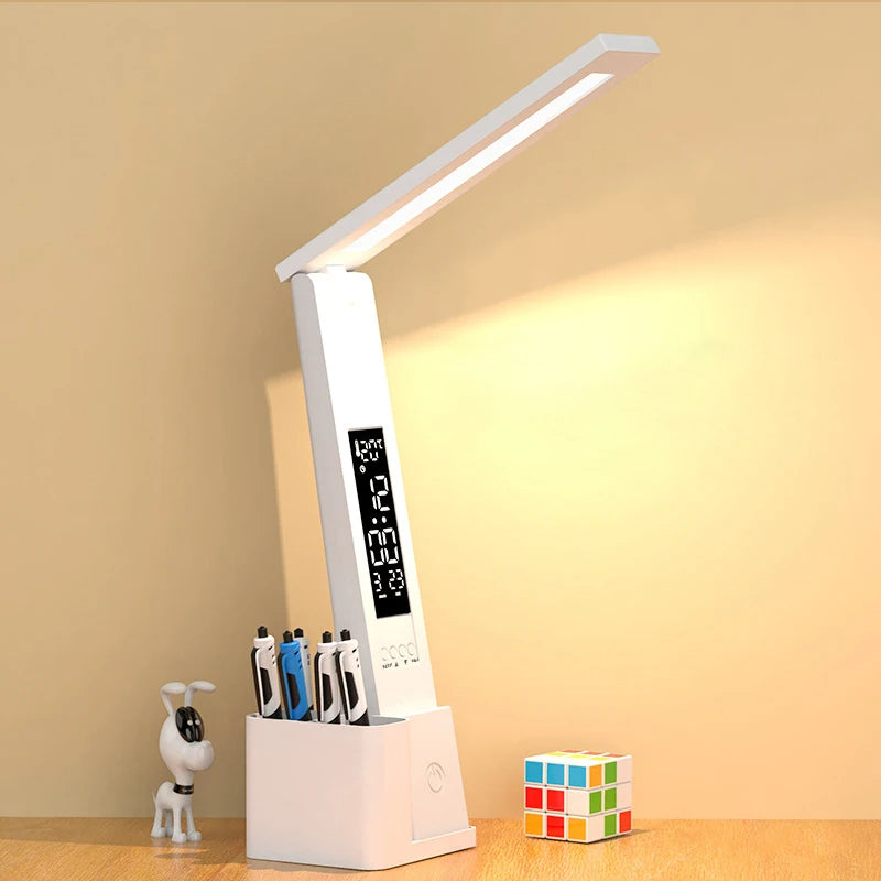 LinkMejor LED Desk Lamp Dimmable Touch Control with Calendar Temperature Clock Night Light Foldable Table Lamp for Study Reading Lamp