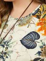 LinkMejor Plus Size Women Beach Long Dress Retro Floral Printed Round Neck Three Quarter Sleeve Pleated Beach Maxi Dresses