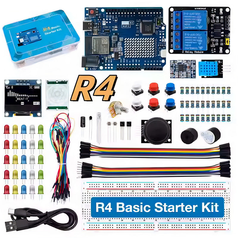 UNOR4 with WiFi Basic Start Motherboard Kit Entry Level Development Board 830 Breadboard LED Potentiometers OLED Display SR-501