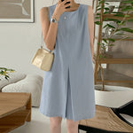 LinkMejor Women Crew Neck Sundress Knee Dresses Oversized Sleeveless Casual Solid Loose Midi Dresses