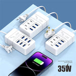 35W 6-Port USB PD Power Strip 3USB-A+3USB-C PD Fast Charging Rack Charger EU Plug US Plug for iPhone 15 14 13 Pro for Huawei Nova Flip for Xiaomi MIX Fold4 for Samsung Galaxy Z Flip6