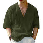 LinkMejor Mens Knitted V-Neck Half Sleeve T-Shirt Casual Solod Color Short Sleeve Men Top