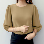 LinkMejor Women's Blouse Casual Lantern Sleeve Round Neck Shirt Plain Party Commute Pullover Tops