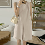 LinkMejor Women Crew Neck Sundress Knee Dresses Oversized Sleeveless Casual Solid Loose Midi Dresses