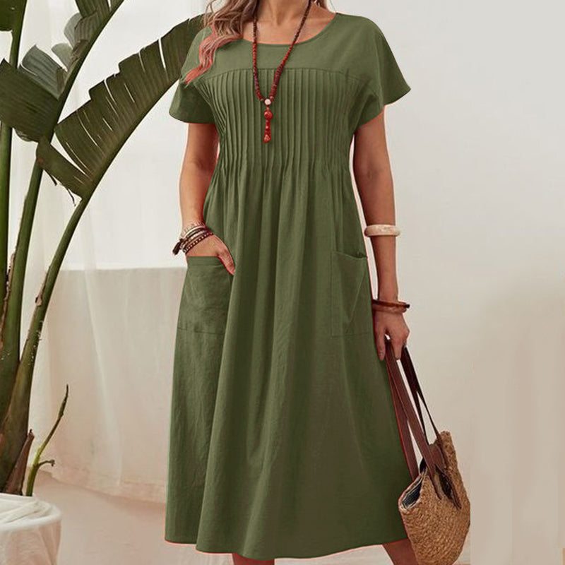 LinkMejor Women Short Sleeve Pleated Party Long Dress Casual Loose Sundress Maxi Dress with Pockets