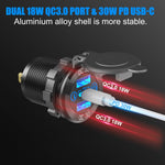 4 In 1 12V Marine Switch Panel Dual PD30W QC18W Car USB Port Aluminum Charger Lighted 150W Car Socket Blue LED Voltmeter and Rocker Switch