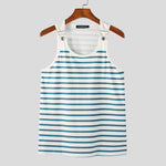 LinkMejor Men Tanks Top Blue White Knitted Undershirt with Horizontal Stripes Buckle Back High Stretch Vest for Men