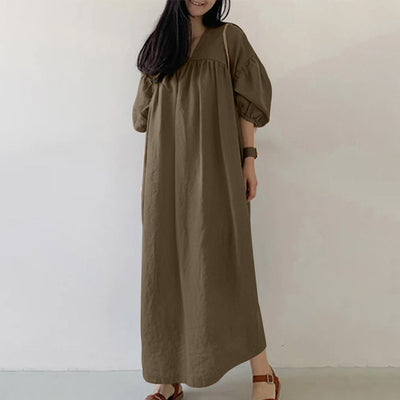LinkMejor Women Maxi Dresses Solid Color Seven-quarter Length Lantern Sleeves Long Dresses Plus Size Women Dresses