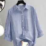 LinkMejor Women's Striped Shirt Summer 3/4 Sleeve Lantern Sleeve Front Pockets Casual Blouse Top