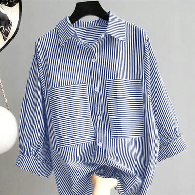 LinkMejor Women's Striped Shirt Summer 3/4 Sleeve Lantern Sleeve Front Pockets Casual Blouse Top