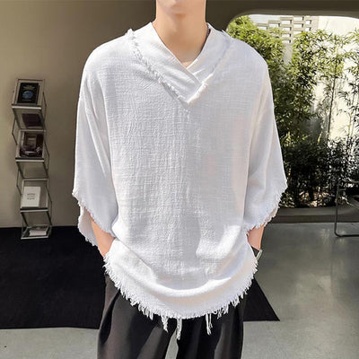 LinkMejor Mens Raw Edge High-Low Hem T-Shirt Solid Color Wide Half Sleeve V-neck Tshirt Casual Top for Male S-5XL