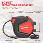 [USA Direct] ECOMAX 3/8 in. x 50 ft Retractable Enclosed Air Hose Reel with Auto Rewind Heavy Duty Reel NPT 1/4 Inch Any Length Lock 180° Swivel Bracket MAX Pressure 348 PSI