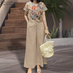 LinkMejor Women's 2pcs Suits Floral Short Sleeve O-Neck Top Elastic Waist Wide Leg Trousers Vintage Sets