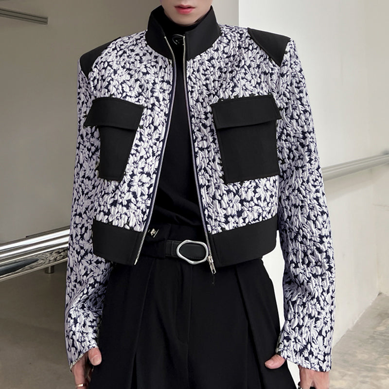 LinkMejor Mens Floral Print Patchwork Jacket Crop Top Zipper Stand Collar Short Jackets for Men Large Size S-5XL