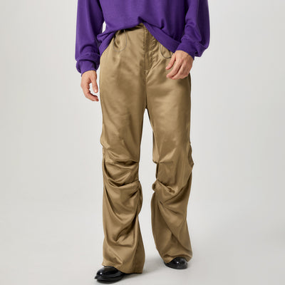 LinkMejor Mens Satin Ruched Design Casual Pant Fashion Solid Color Loose Fit Straight Trousers