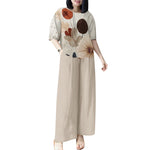 LinkMejor Womens Two-Piece Set Lady Elegant Sets Crew Neck Lantern Sleeve Graphic Print Tops Wide Leg Trousers Suits