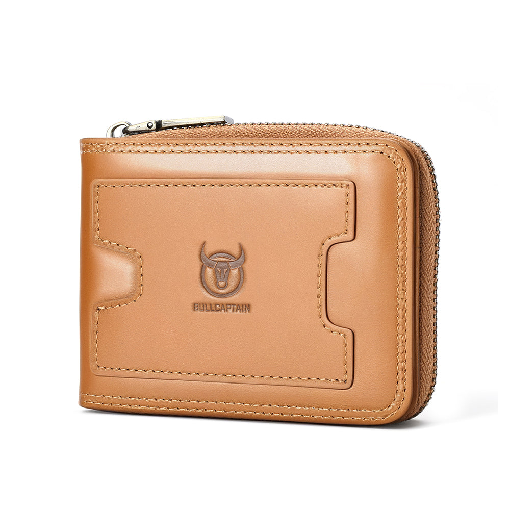 LinkMejor Retro Solid Cowhide Leather Zipper Men's Wallet Two-fold Money Clip RFID Multi-card Credit Holder