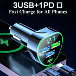 350W 4-Port USB PD Car Charger Adapter 3USB-A+USB-C Fast Charging with Blue LED for iPhone 16 15 14 13 Pro for Huawei Nova Flip for Xiaomi Civi 4 Pro for Samsung Galaxy Z Flip6