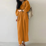 LinkMejor Women Maxi Dresses Solid Color Seven-quarter Length Lantern Sleeves Long Dresses Plus Size Women Dresses