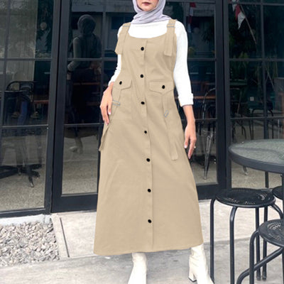 LinkMejor Solid Womens Square Neck Strappy Bib Dress Casual Loose Long Dresses