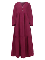 LinkMejor Plus Size Women Long Dress Solid Color V-neck Long Sleeve Causal Maxi Dress