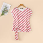 LinkMejor Women Striped Printed T-shirt Fashion Short Sleeve Tee Holiday Summer Holiday Belted Design Casual Simple Tops
