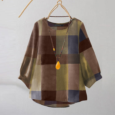 LinkMejor Women Retro Casual 3/4 Sleeve O Neck Shirt Top Plaid Loose Summer Ladylike Blouses