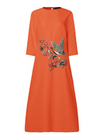 LinkMejor Women's Dresses Vintage Casual 3/4 Sleeve Round Neck Dress Floral Embroidery Split Shift Dresses