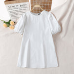 LinkMejor Womens Casual Round Neck Shirt Dress Puff Sleeve Short Dress A Line Solid Tunic Mini Dresses Plus Size