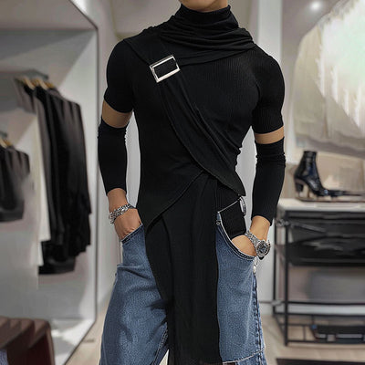 LinkMejor Deconstructed Design Solid Color T-Shirt Fashion High Neck Truncated Long Sleeves High Stretch Top for Men